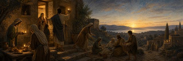A dawn-lit community tending lamps, encouraging an elder, and carrying food to neighbors